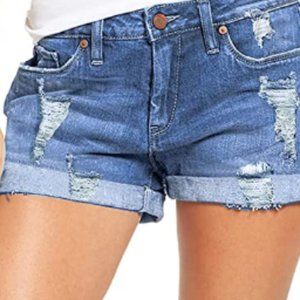 Ripped Denim Jean Shorts Mid Rise Stretchy Folded